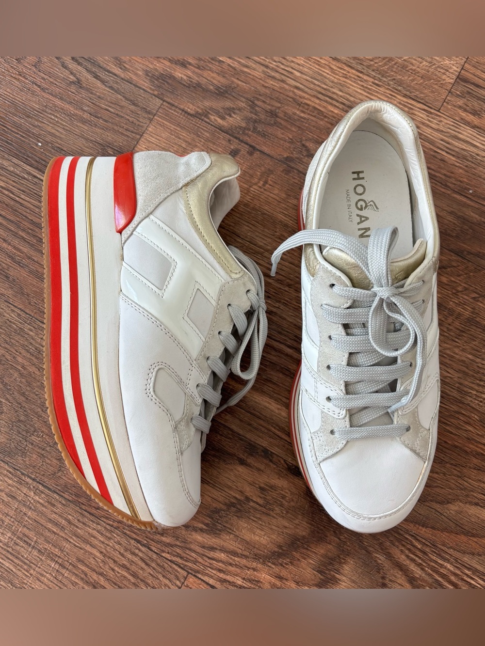 Hogan Maxi H222 White & Red Stripe Platform Sneakers - Size 38/US 8 EUC